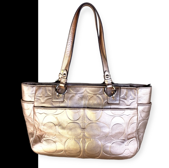 💯 COACH Gold Gallery Embossed Metallic Leather Tote Purse - Picture 3 of 15